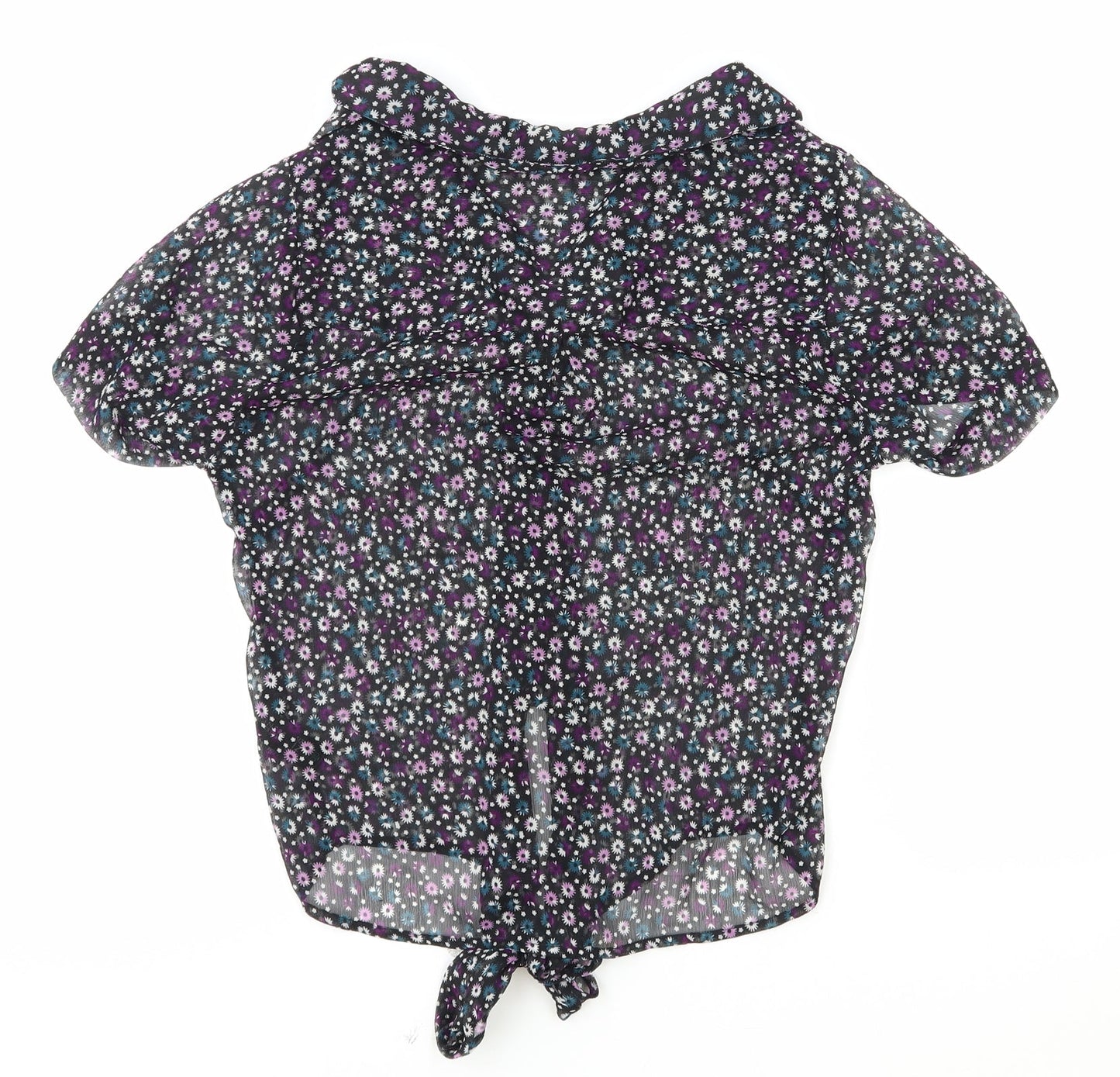 Debenhams Womens Black Floral Polyester Basic Button-Up Size 12 Collared - Knot Front