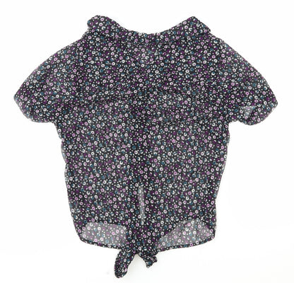 Debenhams Womens Black Floral Polyester Basic Button-Up Size 12 Collared - Knot Front