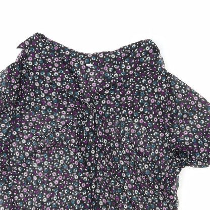 Debenhams Womens Black Floral Polyester Basic Button-Up Size 12 Collared - Knot Front