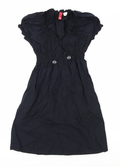 H&M Womens Blue Polyester Fit & Flare Size 6 V-Neck Drawstring - Shirred Waist