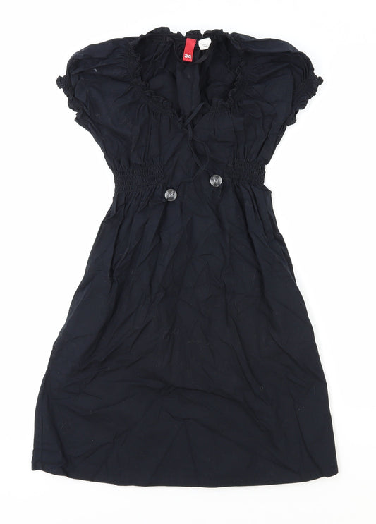 H&M Womens Blue Polyester Fit & Flare Size 6 V-Neck Drawstring - Shirred Waist