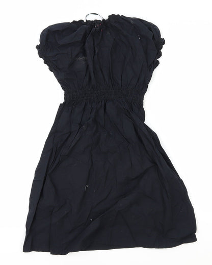 H&M Womens Blue Polyester Fit & Flare Size 6 V-Neck Drawstring - Shirred Waist