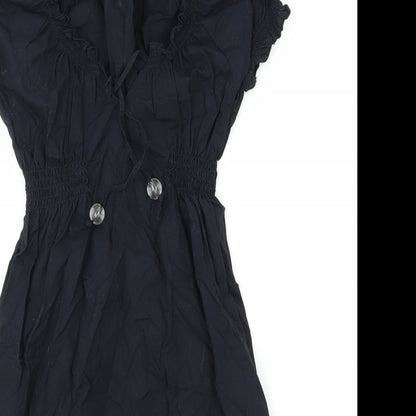 H&M Womens Blue Polyester Fit & Flare Size 6 V-Neck Drawstring - Shirred Waist
