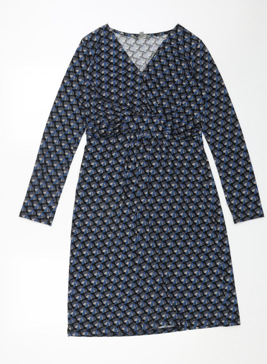 Lily & Me Womens Blue Geometric Viscose Fit & Flare Size 10 V-Neck Pullover