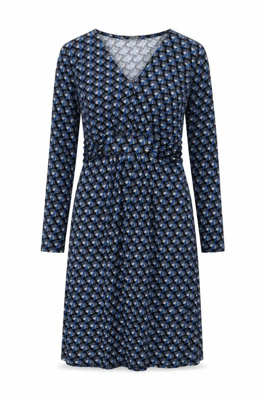 Lily & Me Womens Blue Geometric Viscose Fit & Flare Size 10 V-Neck Pullover