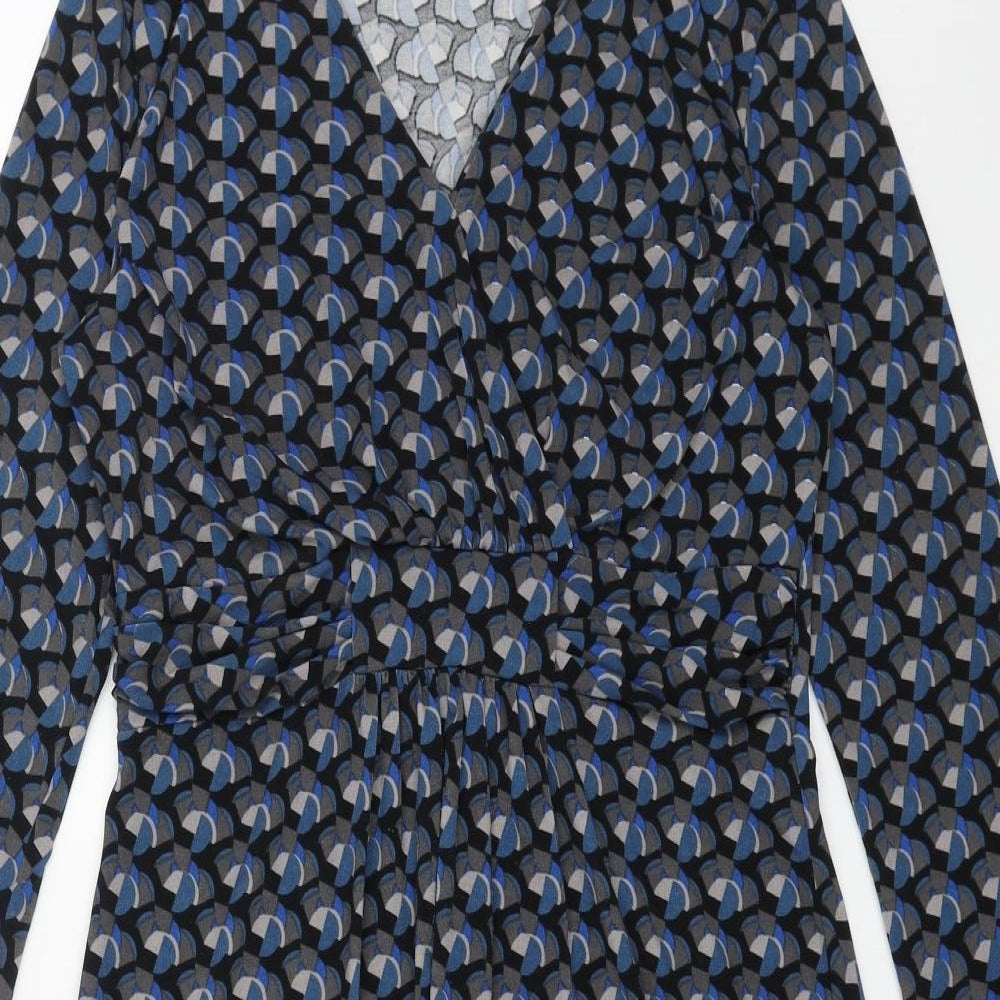 Lily & Me Womens Blue Geometric Viscose Fit & Flare Size 10 V-Neck Pullover