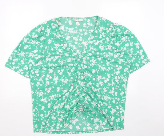 Papaya Womens Green Floral Polyester Basic T-Shirt Size 2XS V-Neck