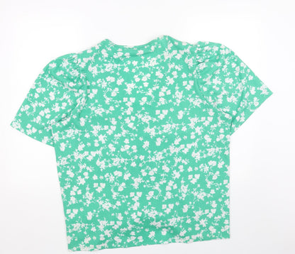 Papaya Womens Green Floral Polyester Basic T-Shirt Size 2XS V-Neck