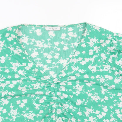 Papaya Womens Green Floral Polyester Basic T-Shirt Size 2XS V-Neck