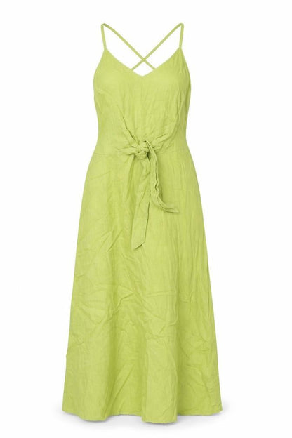 Marks and Spencer Womens Green 100% Cotton Slip Dress Size 6 V-Neck Zip - Tie Front
