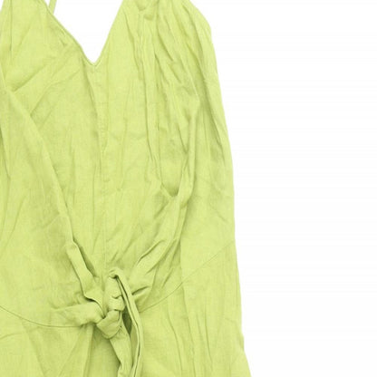 Marks and Spencer Womens Green 100% Cotton Slip Dress Size 6 V-Neck Zip - Tie Front