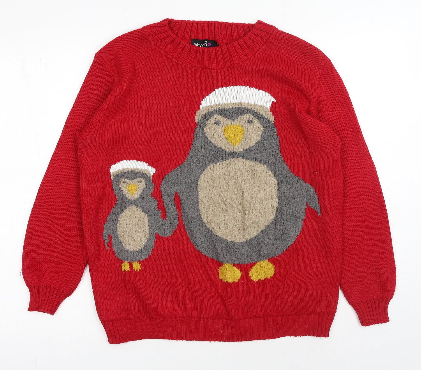 why not? Womens Red Round Neck Acrylic Pullover Jumper Size M - Christmas Penguin