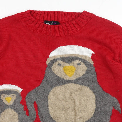why not? Womens Red Round Neck Acrylic Pullover Jumper Size M - Christmas Penguin