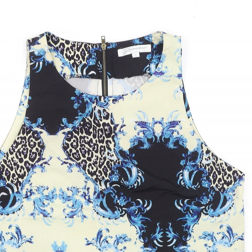 Glamorous Womens Blue Geometric Polyester Basic Tank Size S Scoop Neck