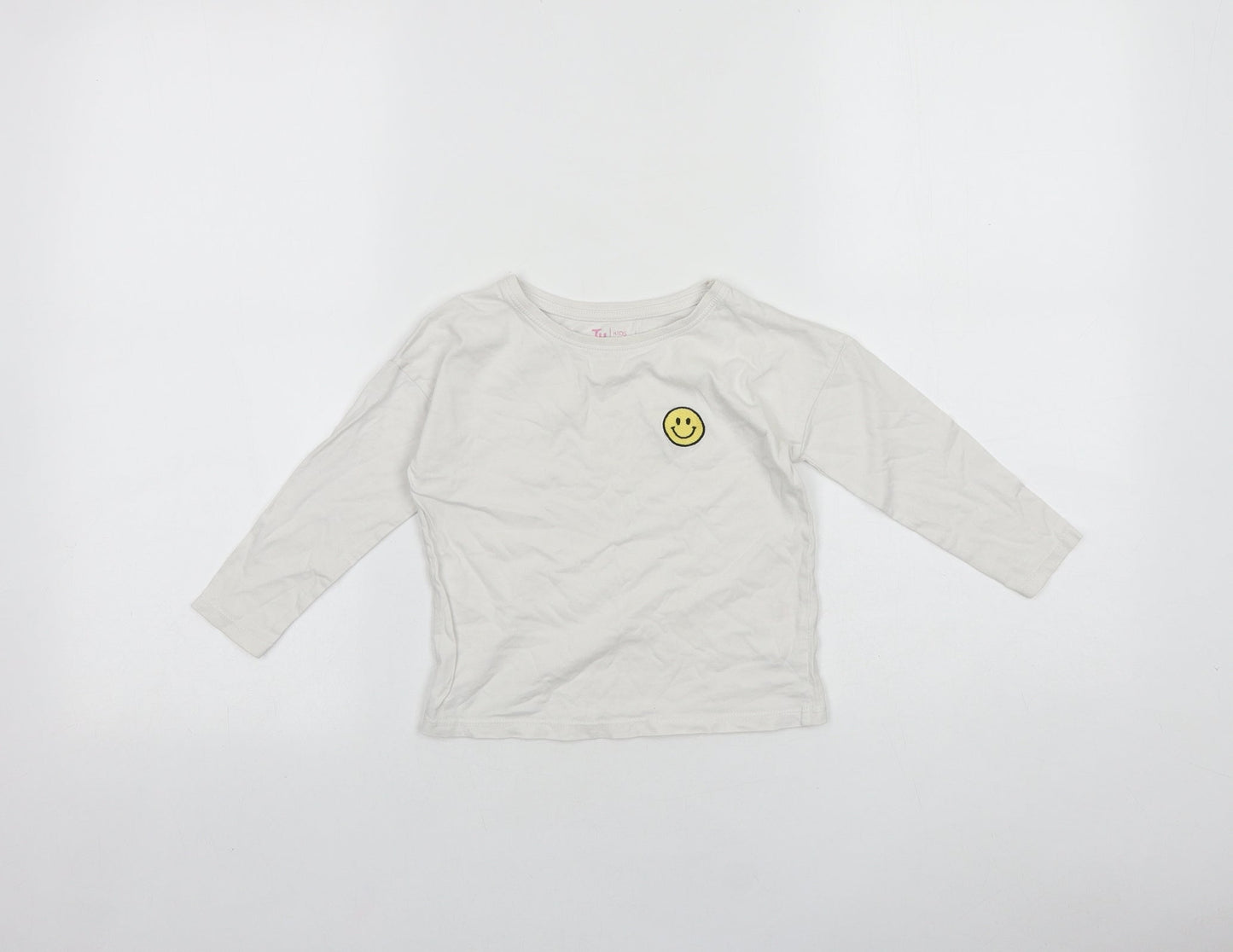 TU Girls White 100% Cotton Basic T-Shirt Size 3 Years Round Neck Pullover - Smiley face