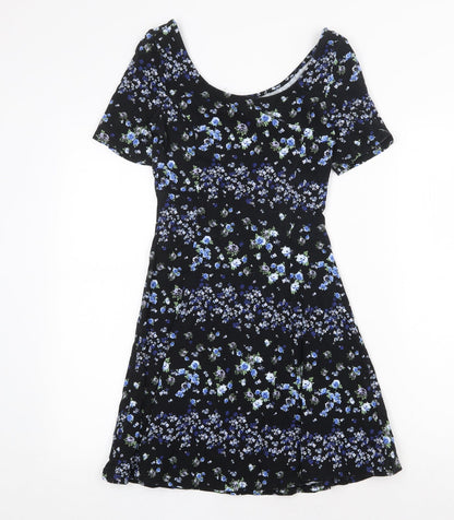 H&M Womens Black Floral Cotton Fit & Flare Size 10 Boat Neck Pullover