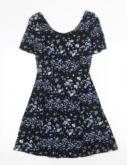 H&M Womens Black Floral Cotton Fit & Flare Size 10 Boat Neck Pullover