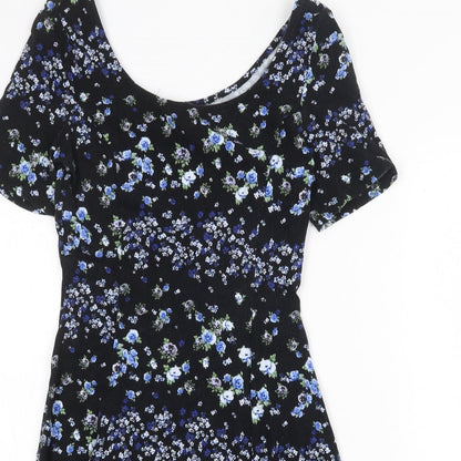 H&M Womens Black Floral Cotton Fit & Flare Size 10 Boat Neck Pullover