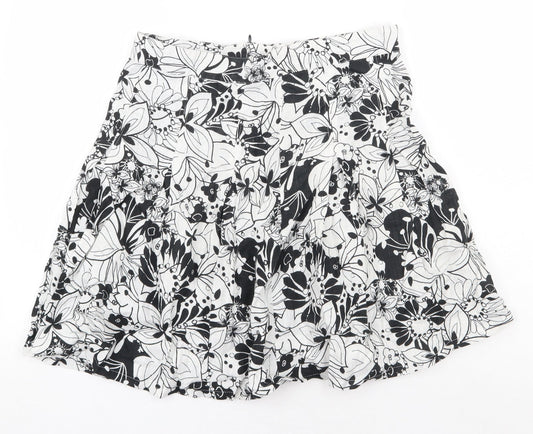 Marks and Spencer Womens White Floral Linen Skater Skirt Size 10 Zip