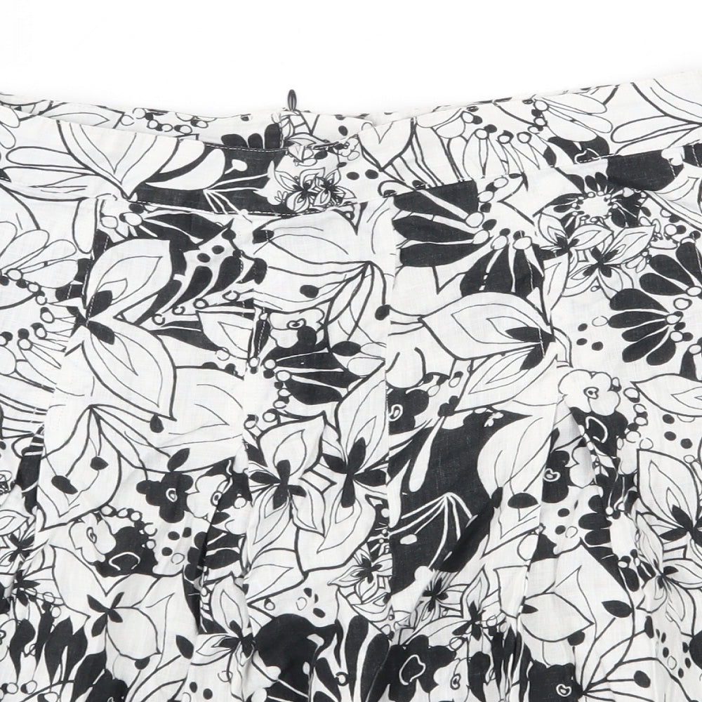 Marks and Spencer Womens White Floral Linen Skater Skirt Size 10 Zip