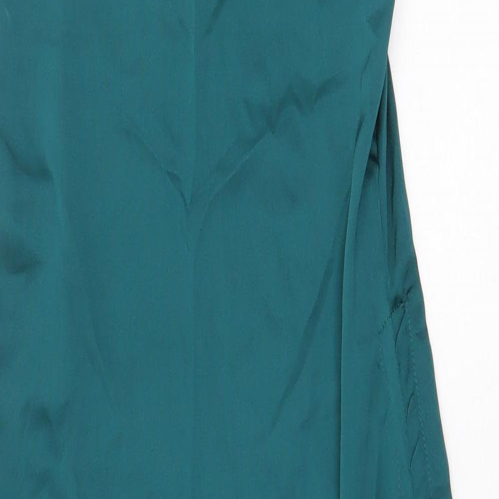 Close-up detail of Rebellious women’s green polyester bodycon, size UK 12, square neck pullover