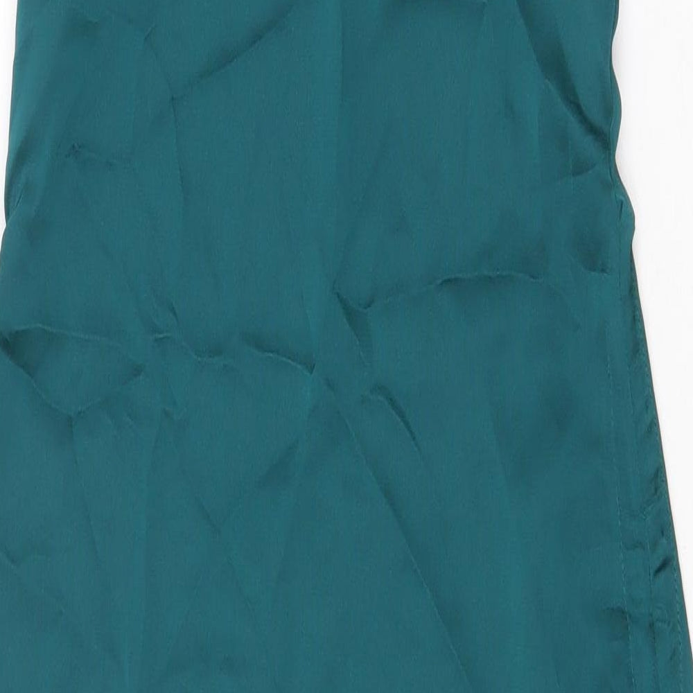 Brand and care label for Rebellious women’s green polyester bodycon, size UK 12, square neck pullover