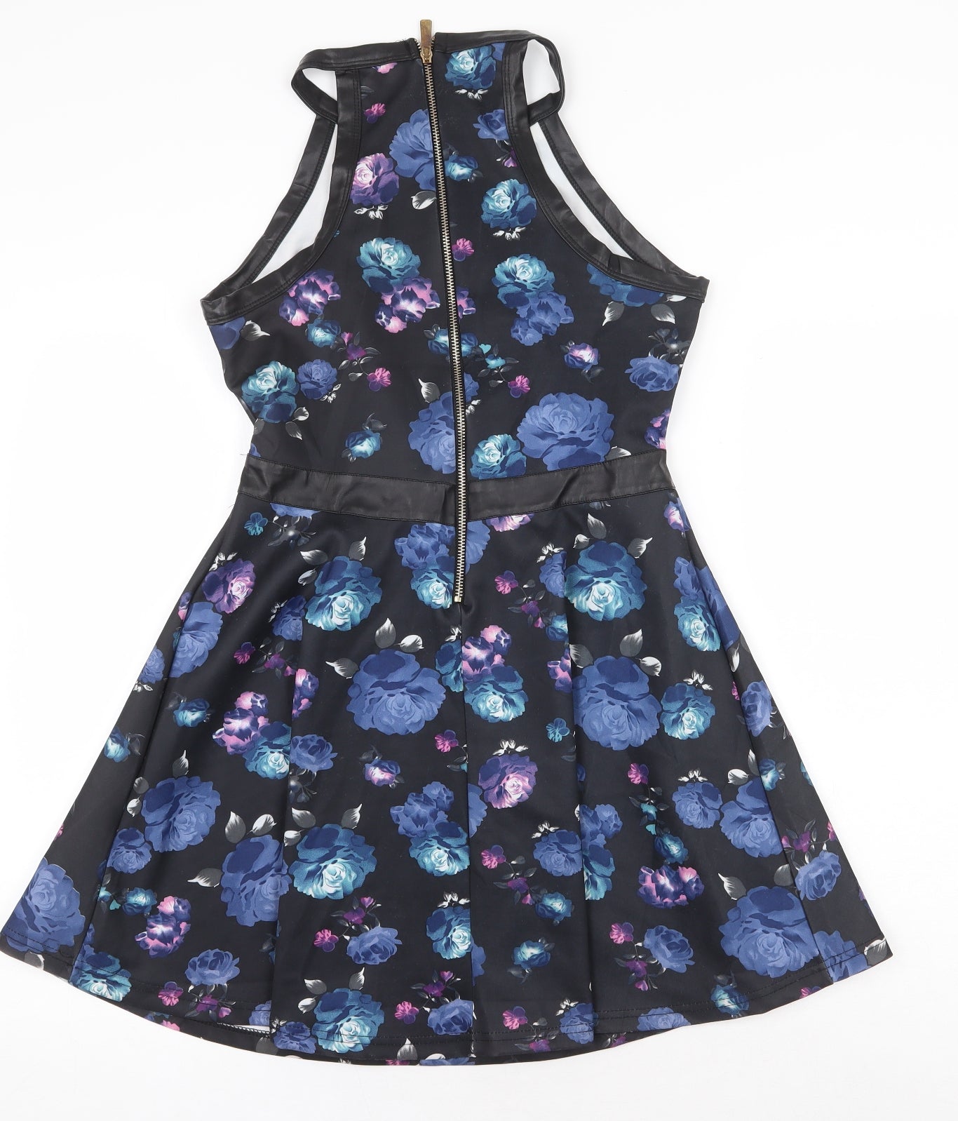 Angel Seven Womens Black Floral Polyester Fit & Flare Size M Round Neck Zip