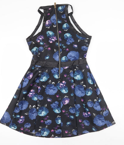 Angel Seven Womens Black Floral Polyester Fit & Flare Size M Round Neck Zip