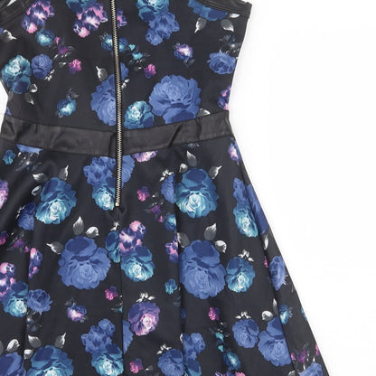 Angel Seven Womens Black Floral Polyester Fit & Flare Size M Round Neck Zip