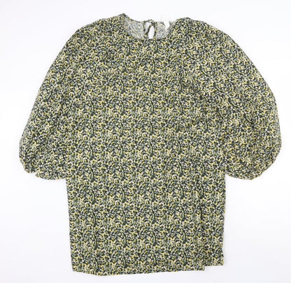 H&M Womens Yellow Floral Polyester A-Line Size M Round Neck Tie