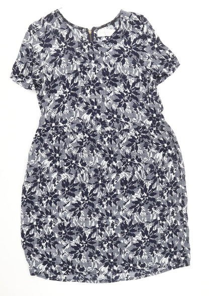 John Lewis Womens Blue Floral Viscose Shift Size 10 Boat Neck Zip