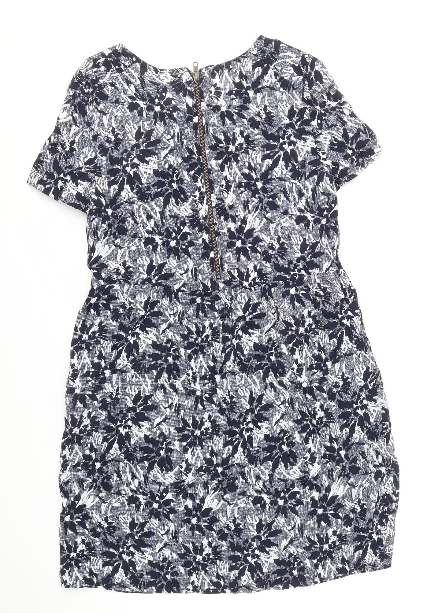 John Lewis Womens Blue Floral Viscose Shift Size 10 Boat Neck Zip