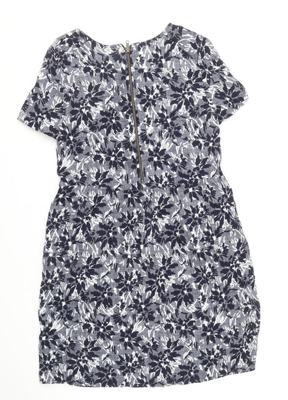 John Lewis Womens Blue Floral Viscose Shift Size 10 Boat Neck Zip