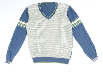 Goodsouls Mens Multicoloured V-Neck Geometric Cotton Pullover Jumper Size S Long Sleeve