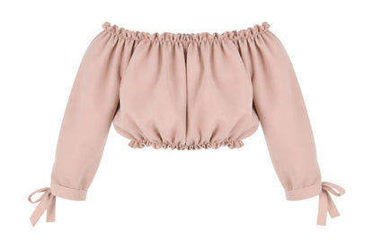 New Look Womens Pink Polyester Cropped Blouse Size 10 Off the Shoulder - Bardot Tie Sleeve Detail