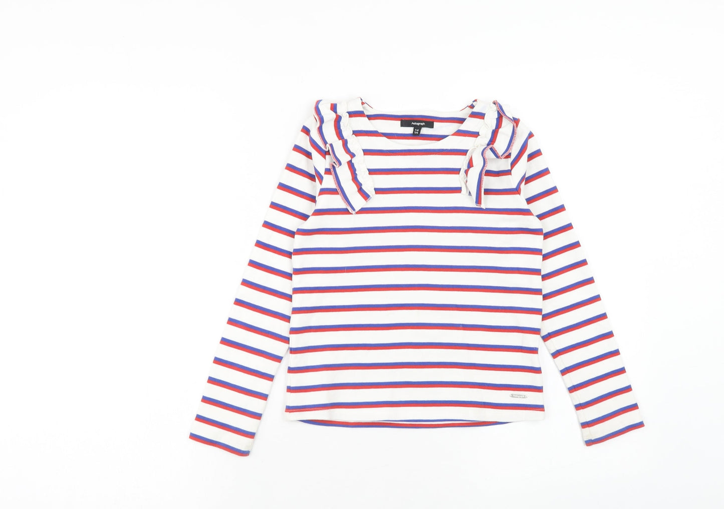 Autograph Girls White Striped Cotton Basic T-Shirt Size 7-8 Years Round Neck Pullover