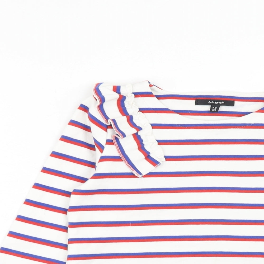 Autograph Girls White Striped Cotton Basic T-Shirt Size 7-8 Years Round Neck Pullover