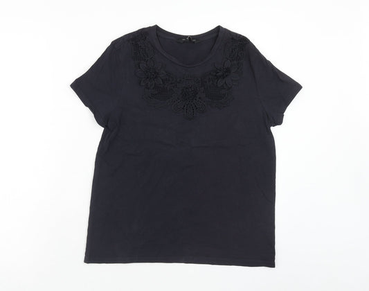 F&F Womens Blue Cotton Basic T-Shirt Size 10 Scoop Neck - Flower Motif