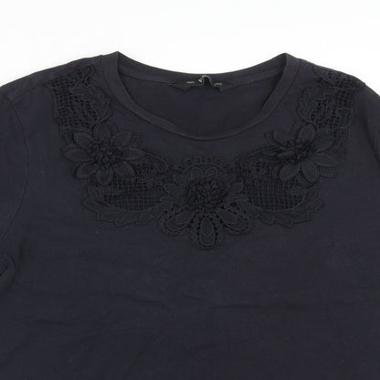 F&F Womens Blue Cotton Basic T-Shirt Size 10 Scoop Neck - Flower Motif