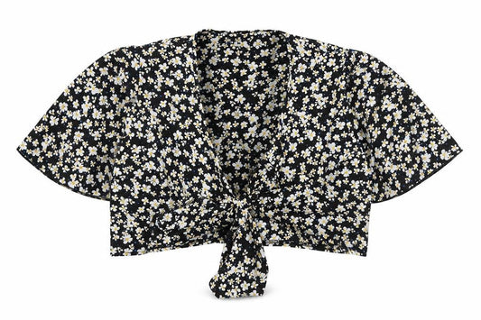 Joress Womens Black Floral Polyester Cropped Blouse Size XL V-Neck