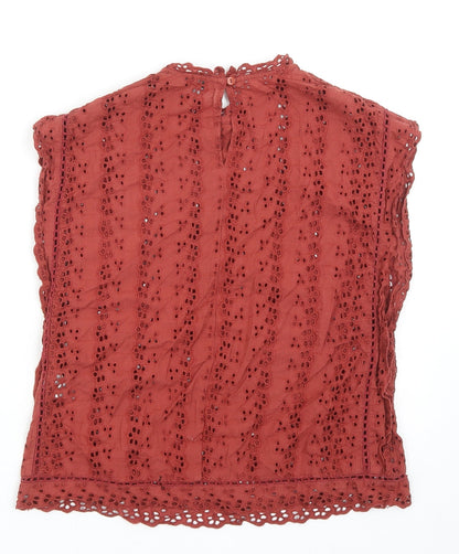 Primark Womens Orange Geometric Cotton Basic Blouse Size 8 Round Neck