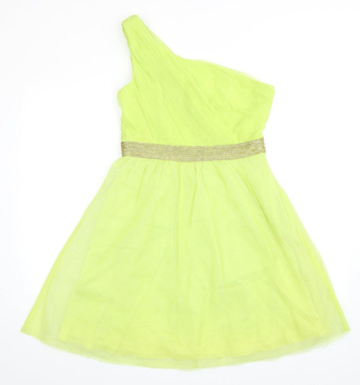 Front view of Manoukian women’s green polyester ball gown, size UK 10, one shoulder zip