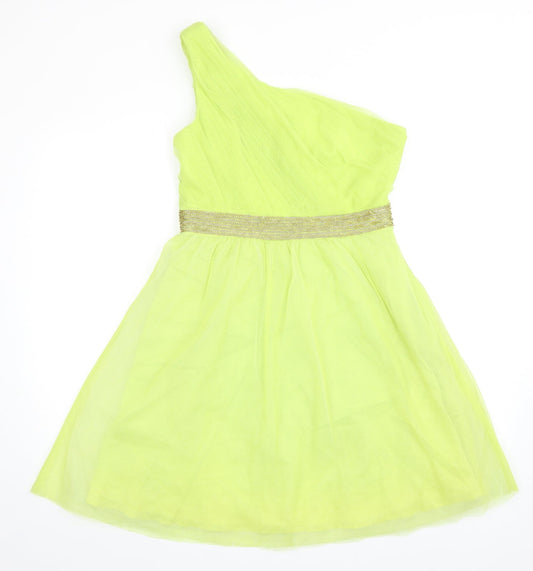Front view of Manoukian women’s green polyester ball gown, size UK 10, one shoulder zip