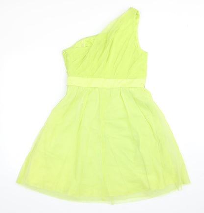 Back view of Manoukian women’s green polyester ball gown, size UK 10, one shoulder zip