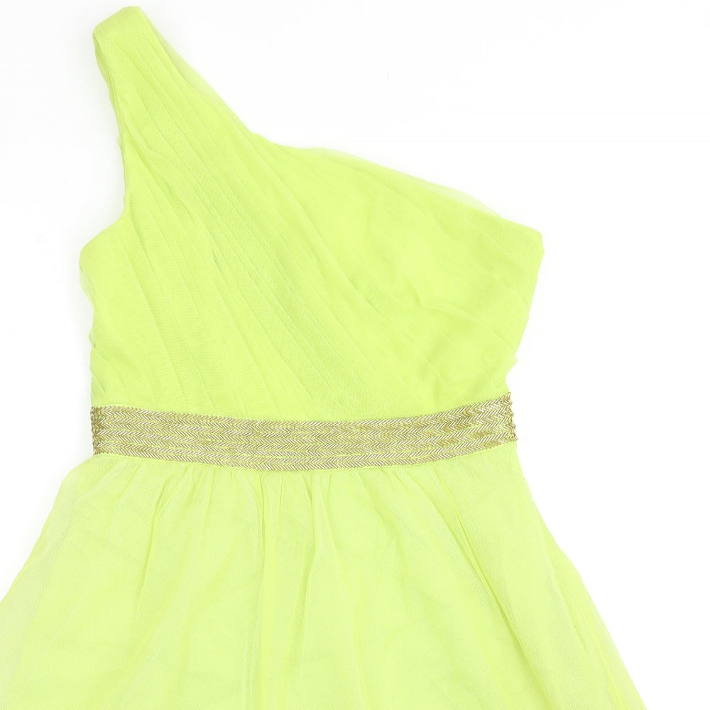 Close-up detail of Manoukian women’s green polyester ball gown, size UK 10, one shoulder zip
