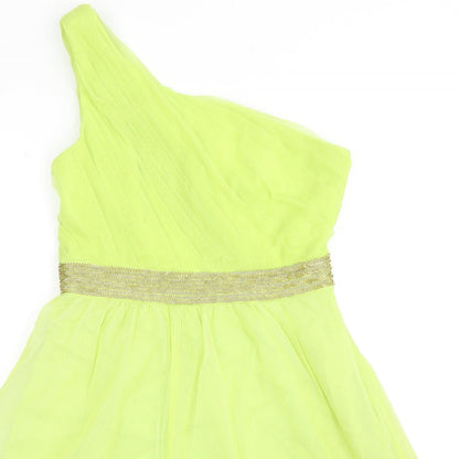 Close-up detail of Manoukian women’s green polyester ball gown, size UK 10, one shoulder zip