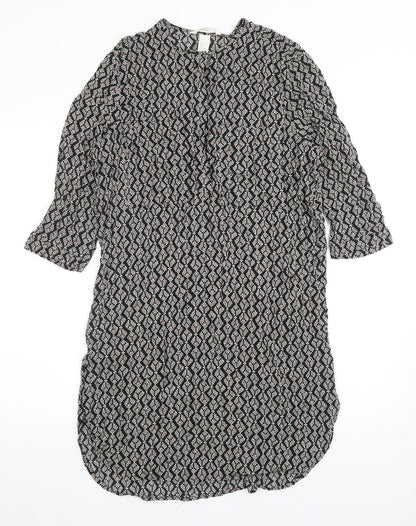 H&M Womens Black Geometric Viscose Kaftan Size 10 Round Neck Button