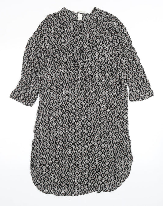 H&M Womens Black Geometric Viscose Kaftan Size 10 Round Neck Button