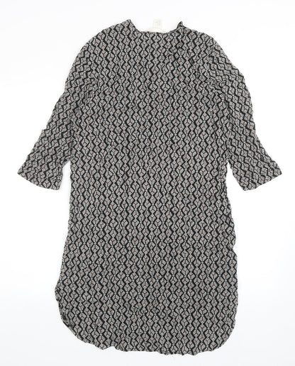 H&M Womens Black Geometric Viscose Kaftan Size 10 Round Neck Button