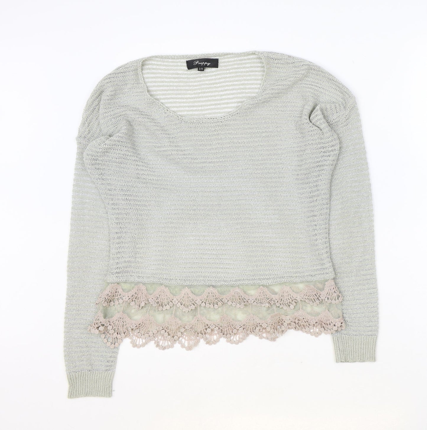 Preppy Womens Grey Scoop Neck Polyester Pullover Jumper Size S - Crochet Lace Trim